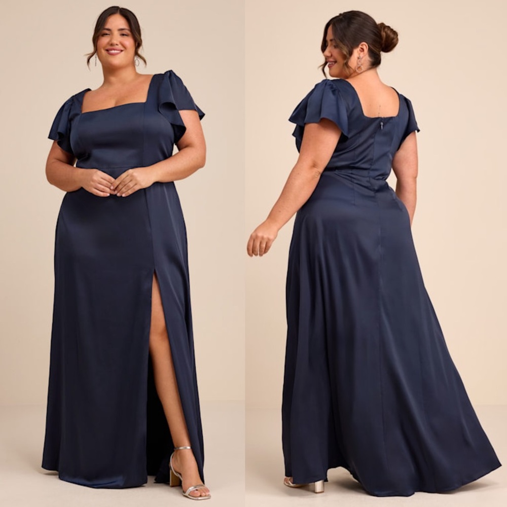 NWT LULUS Satin Square Neck Flutter Short Sleeve Wedding Guest Formal Gown‎ 3X